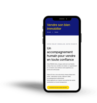 Mockup mobile page service "vendre son bien" site vitrine MEGAS Immo