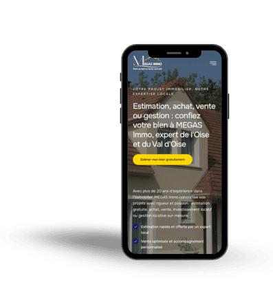 Mockup mobile page d'accueil site vitrine MEGAS Immo