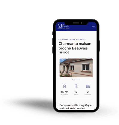 Mockup mobile page "détail d'un bien immobilier" site vitrine MEGAS Immo