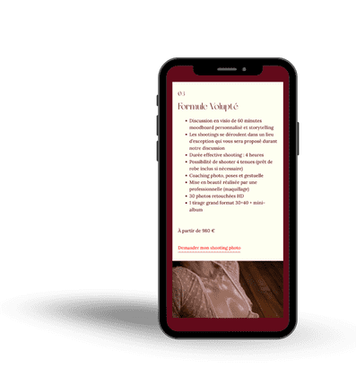 Screen de formule de photographe boudoir / intimiste sur le site vitrine sur mesure - version mobile - Marine Duc Digital